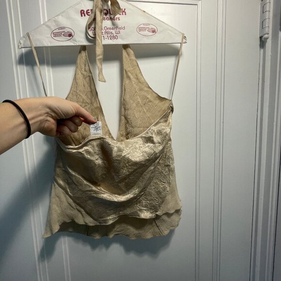 NEW Armani Exchange Silk Gold Halter Top Women's Large Fawn metallic tank NWT - Picture 7 of 7